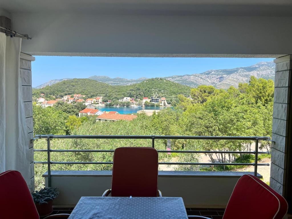 - une vue depuis le balcon d'une chambre avec une table et des chaises dans l'établissement Apartmani Luka, à Korčula
