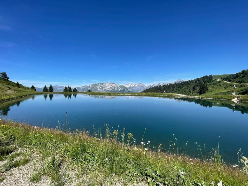 a view of a lake with mountains in the background at Samoëns 1600 studio au pied des pistes in Samoëns