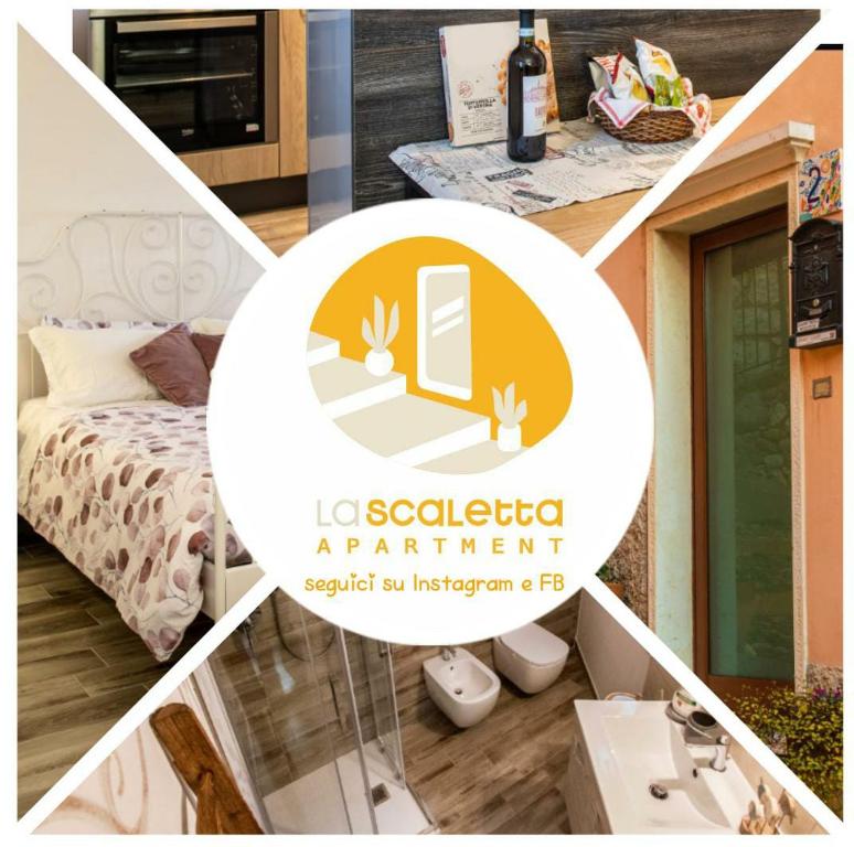 a collage of images of a bedroom and a bathroom at Appartamento La Scaletta in Cavaion Veronese