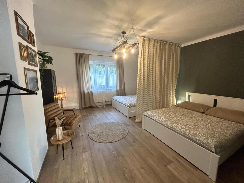 a small bedroom with two beds and a table at Apartmány Silvestr in Dolní Rychnov