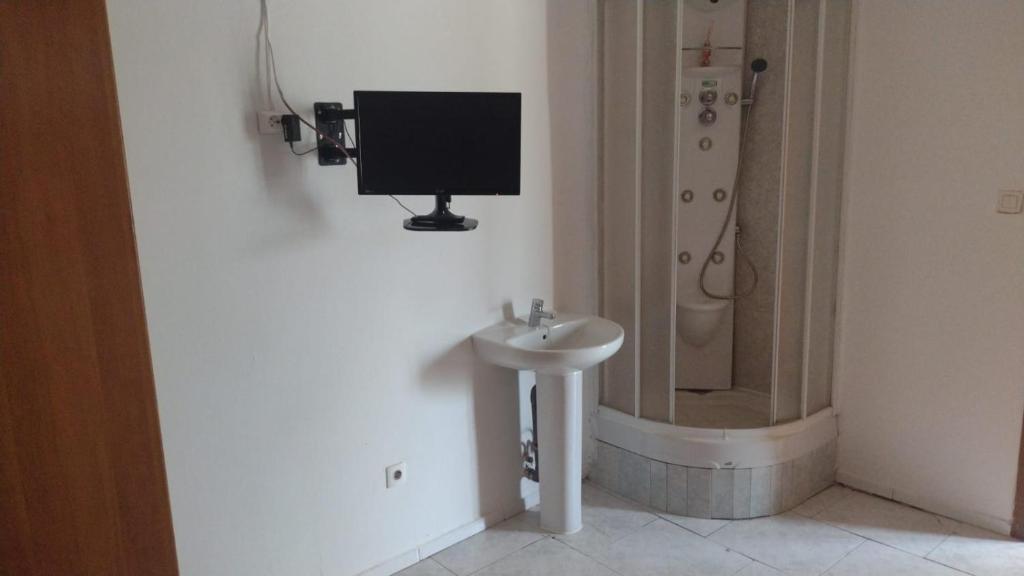 uma casa de banho com um lavatório e um chuveiro com uma televisão na parede em albergue bar villamayor 