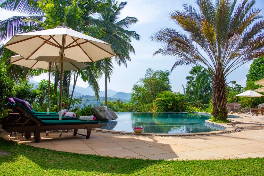 a chair with an umbrella next to a swimming pool at Bougainvillea Retreat in Kandy