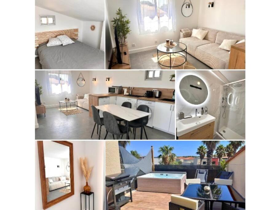 eine Collage mit Bildern eines Wohnzimmers und einer Küche in der Unterkunft Sérénité - Superbe Terrasse et Jacuzzi ! in Canet-en-Roussillon
