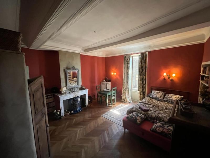een slaapkamer met rode muren, een bed en een open haard bij Chambre avec vue in Saignon
