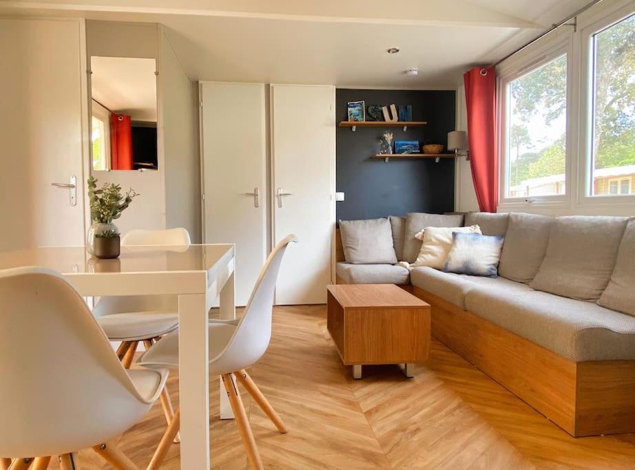 ein Wohnzimmer mit einem Sofa und einem Tisch in der Unterkunft MOBIL HOME 6 personnes Cap Ferret in Lège-Cap-Ferret