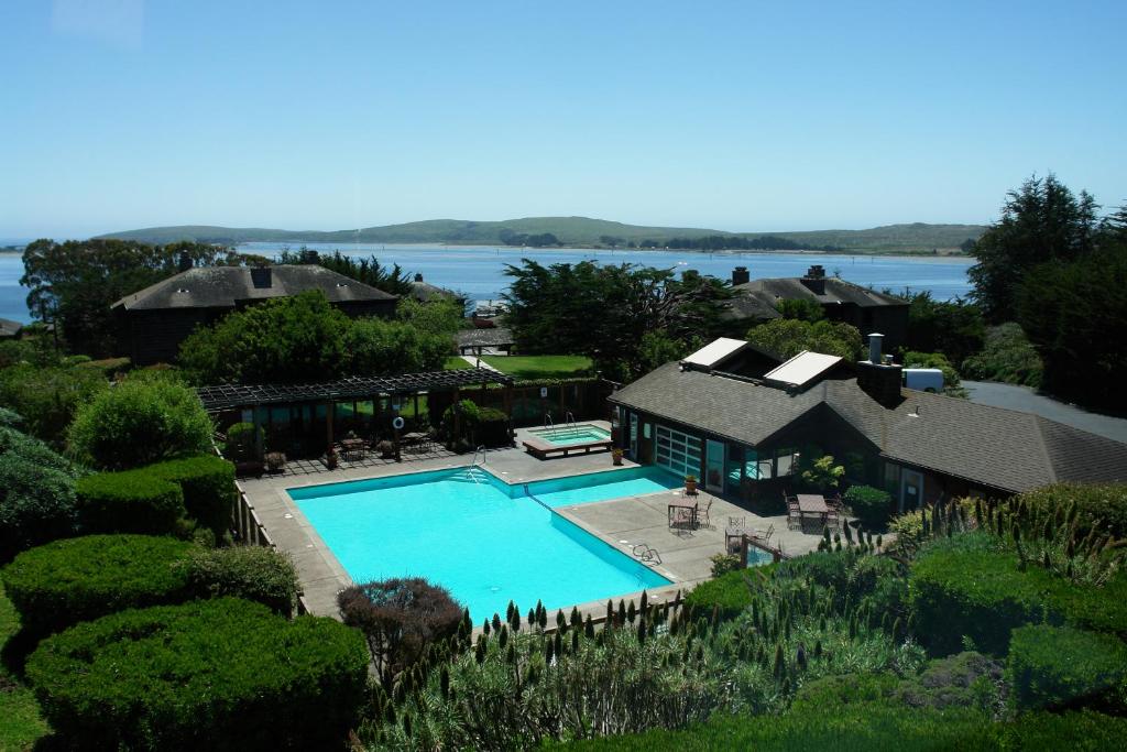 an aerial view of a house with a swimming pool at The Inn at the Tides in Bodega Bay