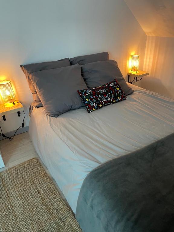 a bed with two pillows on it in a bedroom at Appartement cosy à la campagne in Languidic