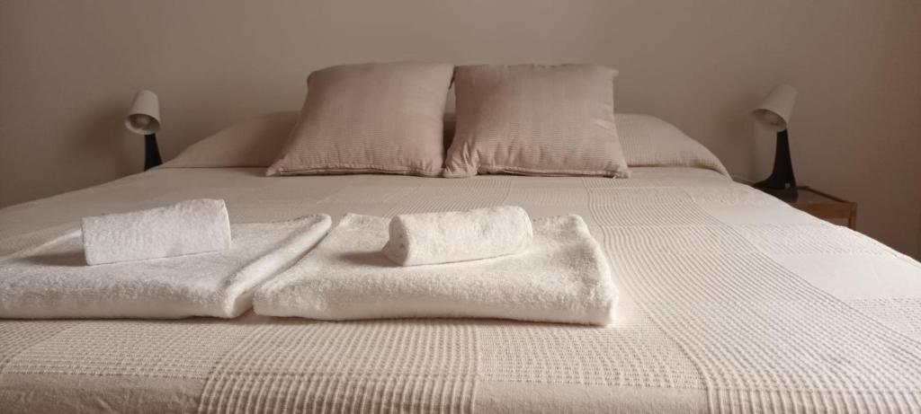 un letto bianco con due asciugamani bianchi di Il porto di Ale e Kat a Livorno