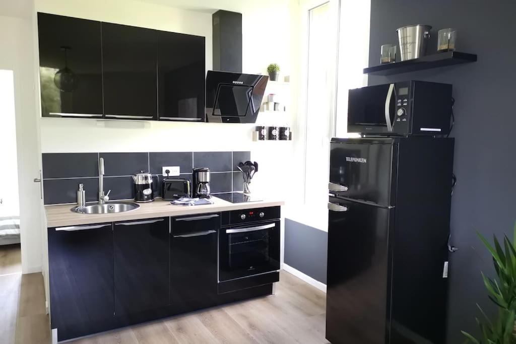 a kitchen with black appliances and a black refrigerator at LE MEDITERRANEEN *T2 (40m²) *WIFI*PARKING PRIVE* in Lourdes