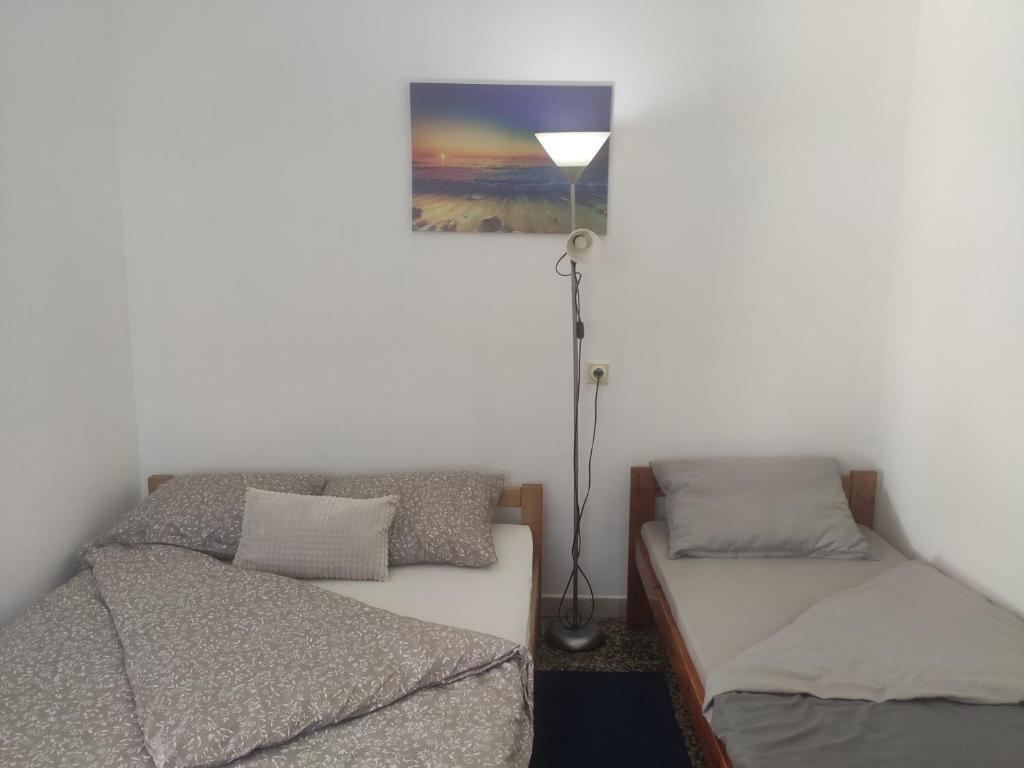 1 dormitorio con 2 camas individuales y lámpara en Apartmani Nova Topola, en Nova Topola