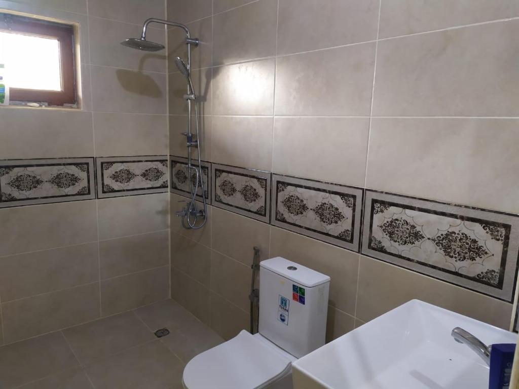 een badkamer met een douche, een toilet en een wastafel bij Villa in Nakhchivan city, Azerbaijan in Naxçıvan