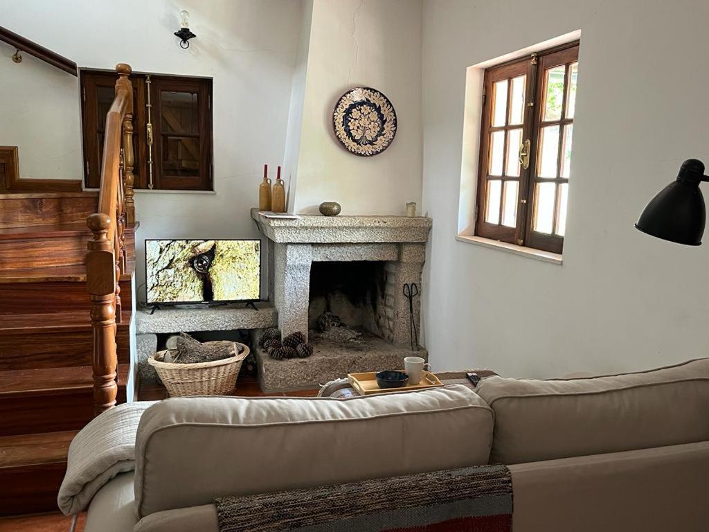 a living room with a couch and a fireplace at Casa da Pedrada in Ponte da Barca