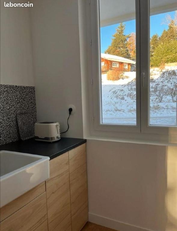 a kitchen with a toaster on a counter next to a window at Appartement idéalement situé Font romeu in Font-Romeu-Odeillo-Via
