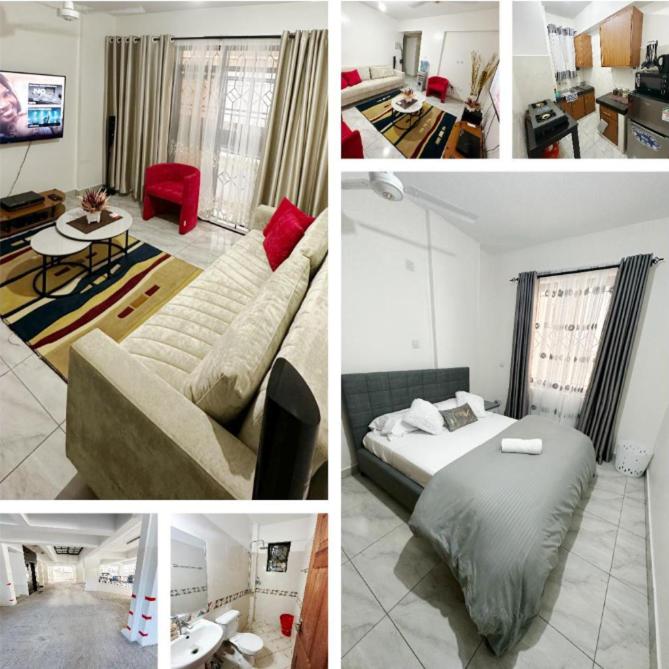 uma colagem de fotografias de um quarto e uma sala de estar em DelYves Homes em Mombasa