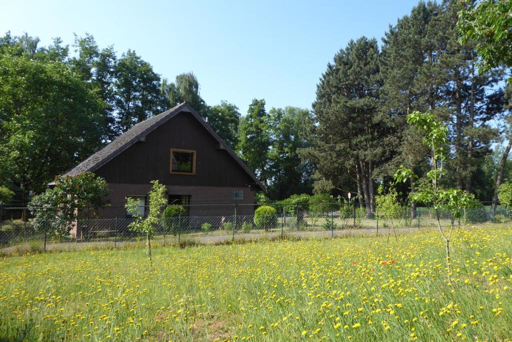a barn in the middle of a field of flowers at Ferienhaus an der Borner Mühle in Brüggen