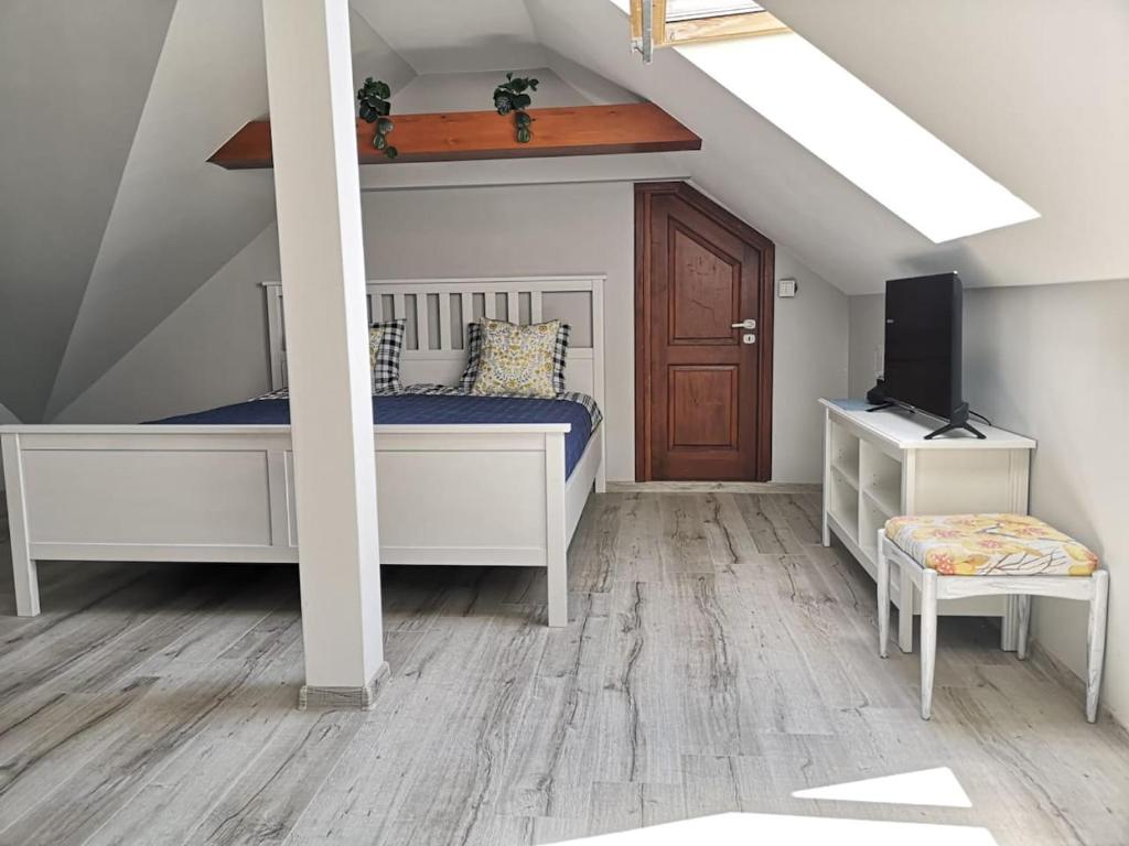 a bedroom with a bed and a television in it at Wodna Ostoja z pokojem zabaw nad jeziorem in Buczki