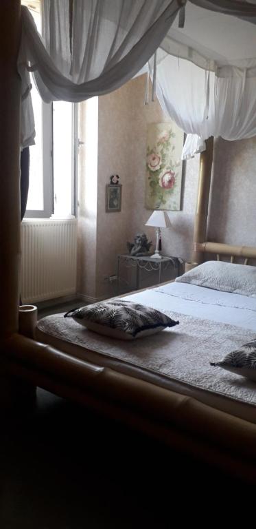 um quarto com uma cama de dossel em Côté jardin em Périgueux
