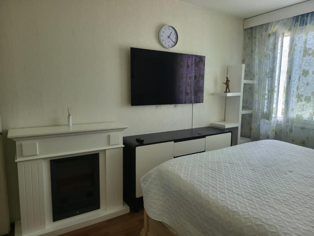 a bedroom with a fireplace and a tv on the wall at Apartment in Kotka in Kotka