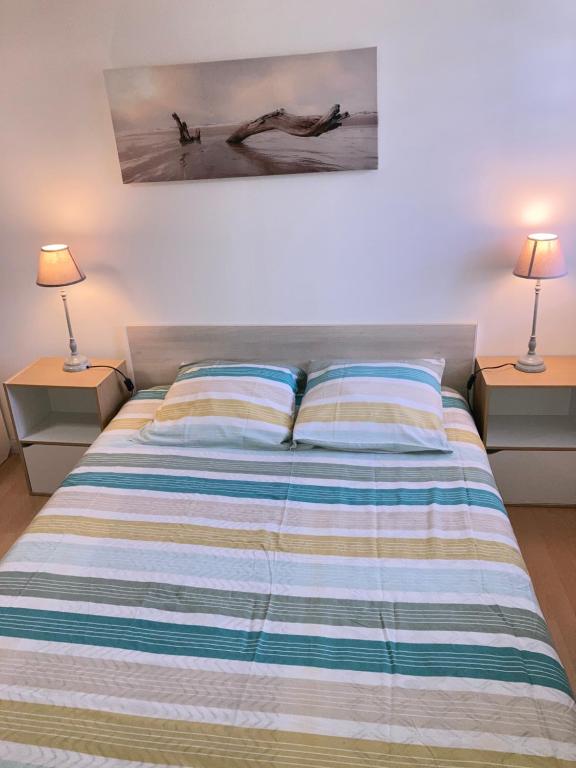 a bedroom with a bed with two lamps on two tables at A&JDuplex - Bonny sur Loire - Châteaux de Guedelon - Pont Canal in Bonny-sur-Loire