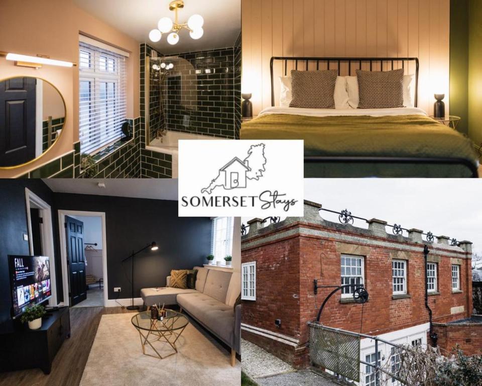 un collage de fotos de un dormitorio y una casa en The Old Coach House, Gorgeous 3 Bed, Central, Modern, Parking, King Bed, HUGE Bath, en Yeovil