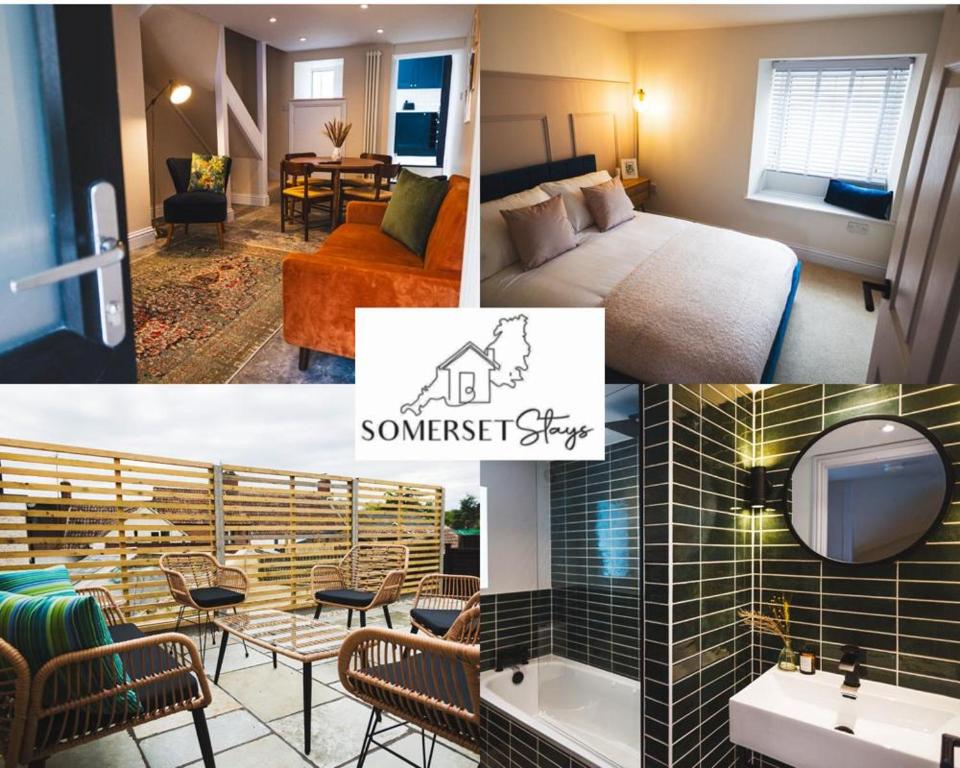 un collage de tres fotos de una habitación de hotel en Cathys Cottage, Sun Trap Patio, Modern 3 Bed, Central, Parking, en Crewkerne