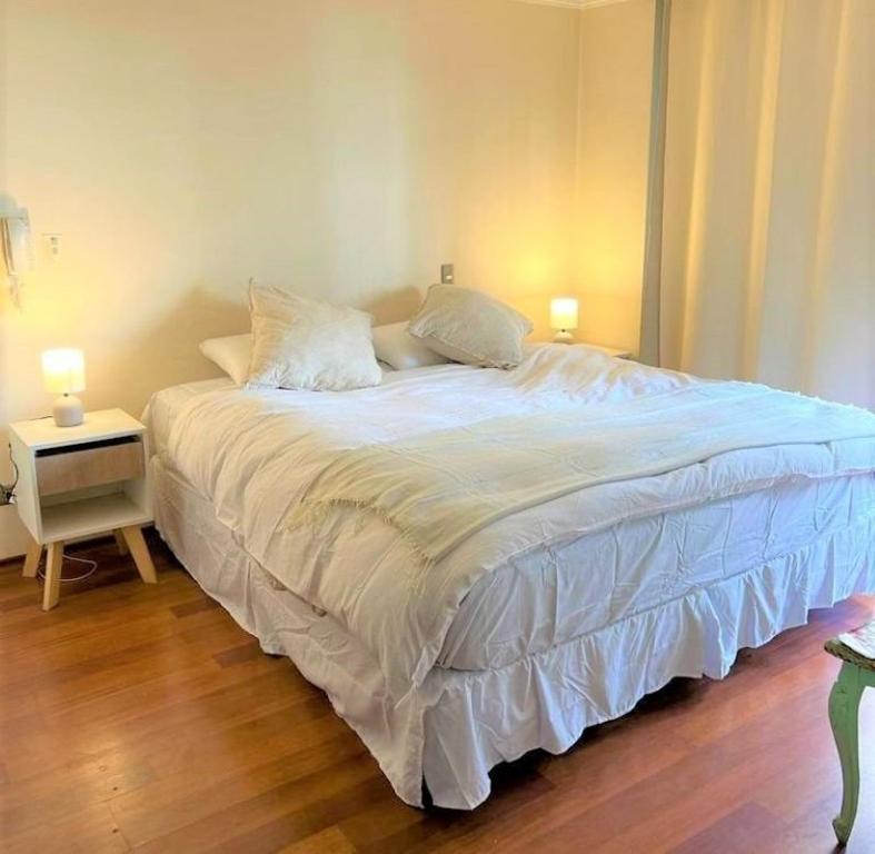 Hermoso Depto en sector alto de Las Condes في سانتياغو: غرفة نوم بسرير كبير وعليها مصباحين