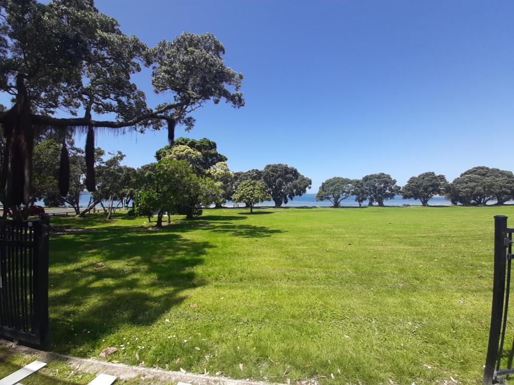 a park with trees and a grassy field at Ariki beachfront apartment in Snells Beach