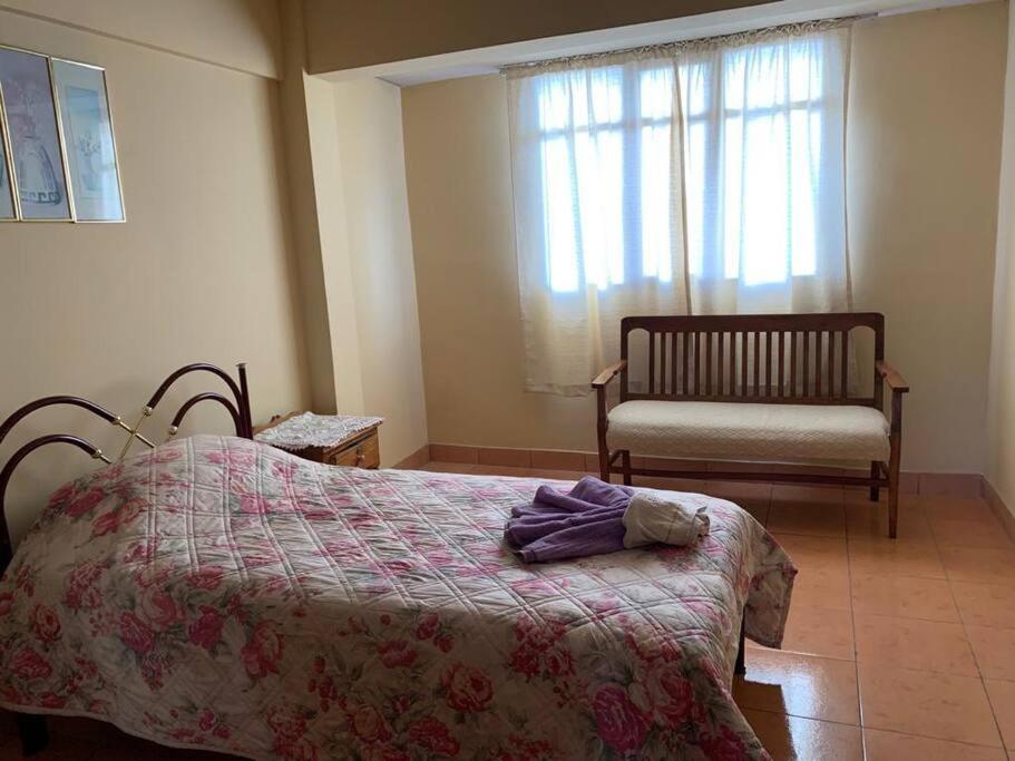 een slaapkamer met een bed, een stoel en een raam bij Ultimo piso c/ terraza centrico in Cochabamba