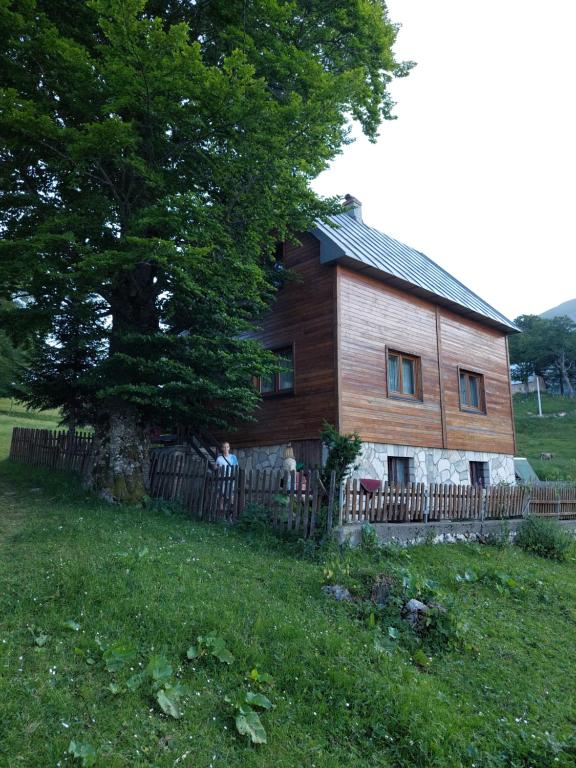 ein Holzhaus mit einem Zaun und einem Baum in der Unterkunft Stara kuca u Virku in Žabljak