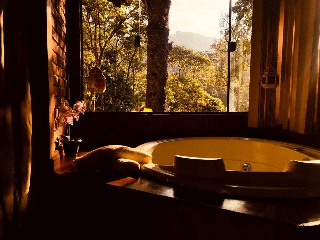 La salle de bains est pourvue d'une baignoire devant une fenêtre. dans l'établissement Pousada chalés Binitz, à Visconde de Mauá