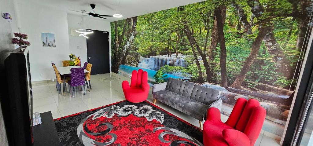 a living room with red chairs and a couch with a large window at Sky Garden Homestay, Presint 15 Putrajaya in Putrajaya