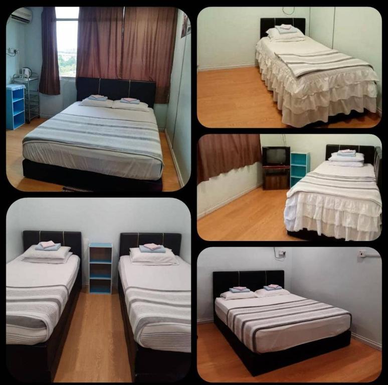four different pictures of two beds in a room at SC Lodging House Sinsuran Complex in Kota Kinabalu