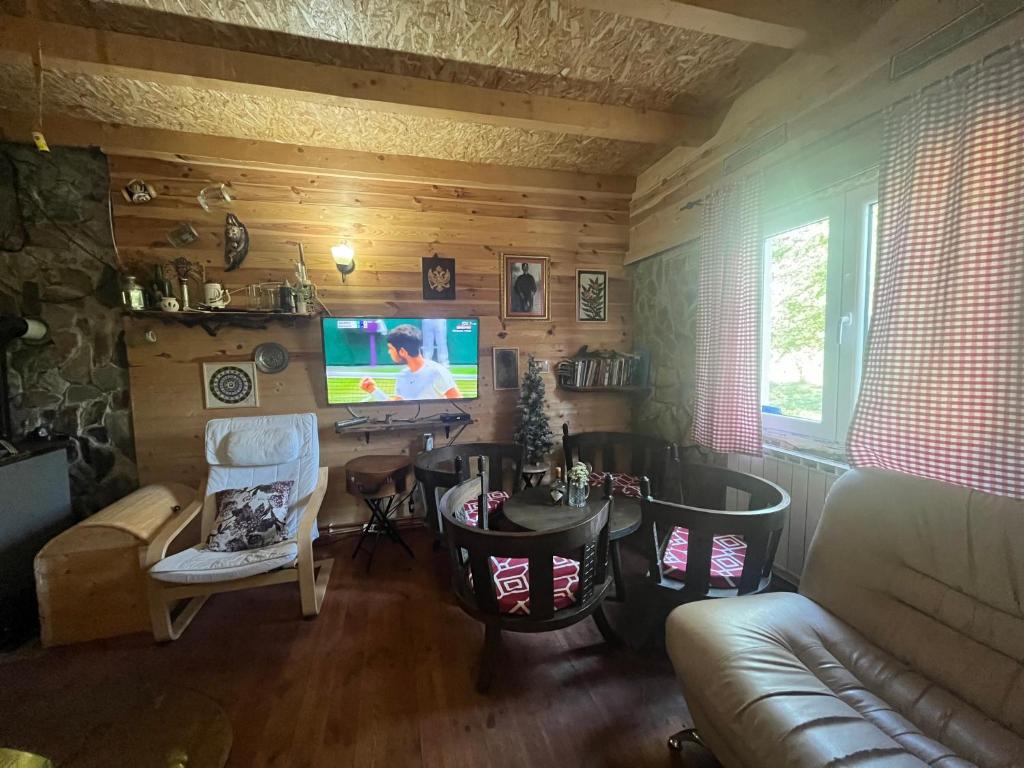 Area tempat duduk di Vikendica - vacation home in woods Left river