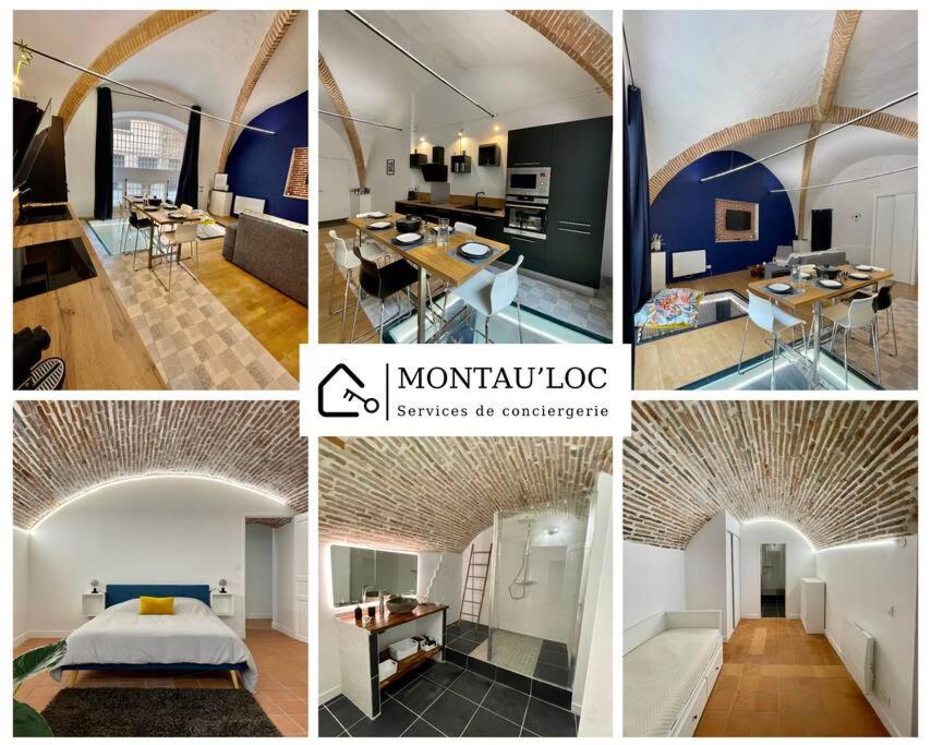 un collage de fotos de una habitación con cama y cocina en Les voûtes de Mila en Montauban