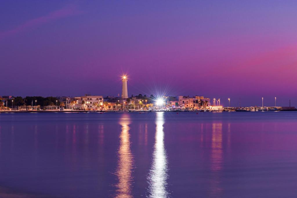 une vue d'une ville la nuit avec l'eau dans l'établissement Dimora storica fronte mare con terrazzo privato, à Torre Canne