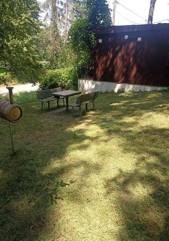stół piknikowy i ławki w trawie w obiekcie Domek Letniskowy nad zaporą Rożnowską w mieście Rożnów