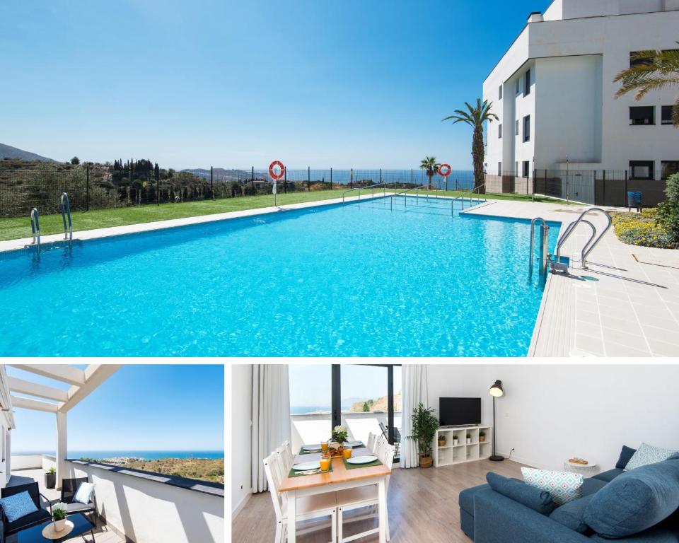 une villa avec une piscine et une maison dans l'établissement Nuevo Atico Panoramico - Piscina - 3 habitaciones - Terraza vista Mar, à Rincón de la Victoria