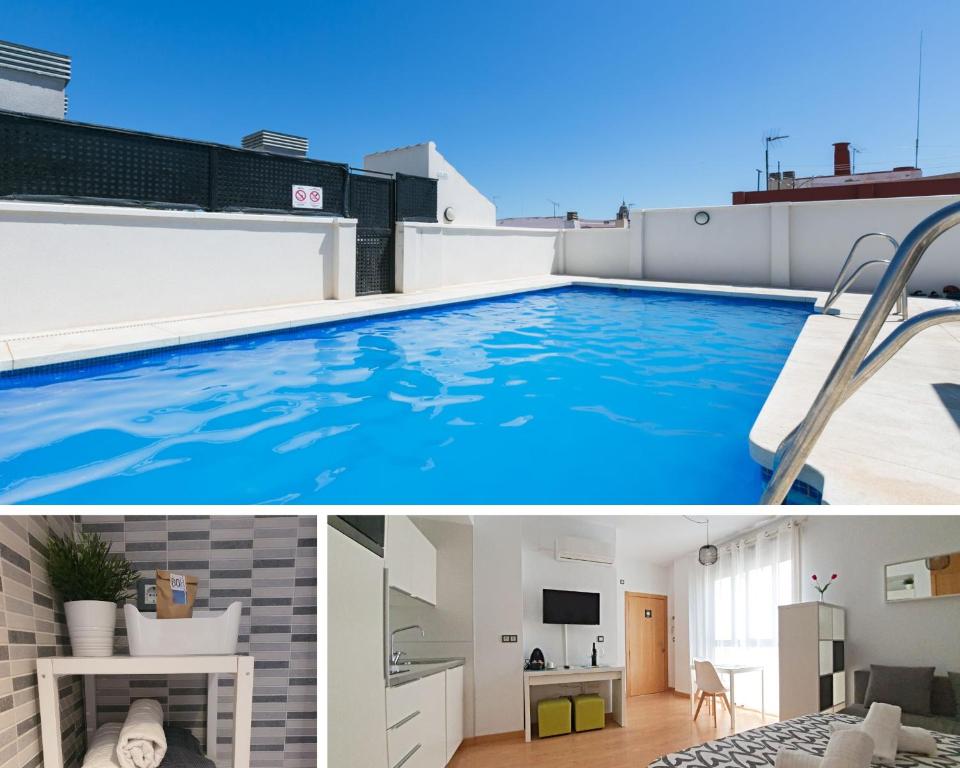 a large swimming pool on the roof of a house at Precioso Estudio con Piscina in Málaga