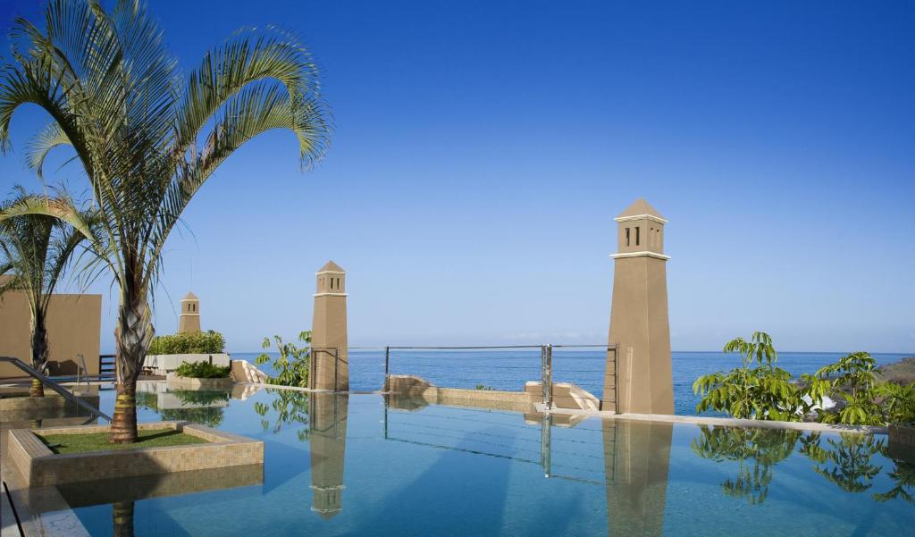 a swimming pool with a palm tree and the ocean at Hotel Playa Calera in Valle Gran Rey