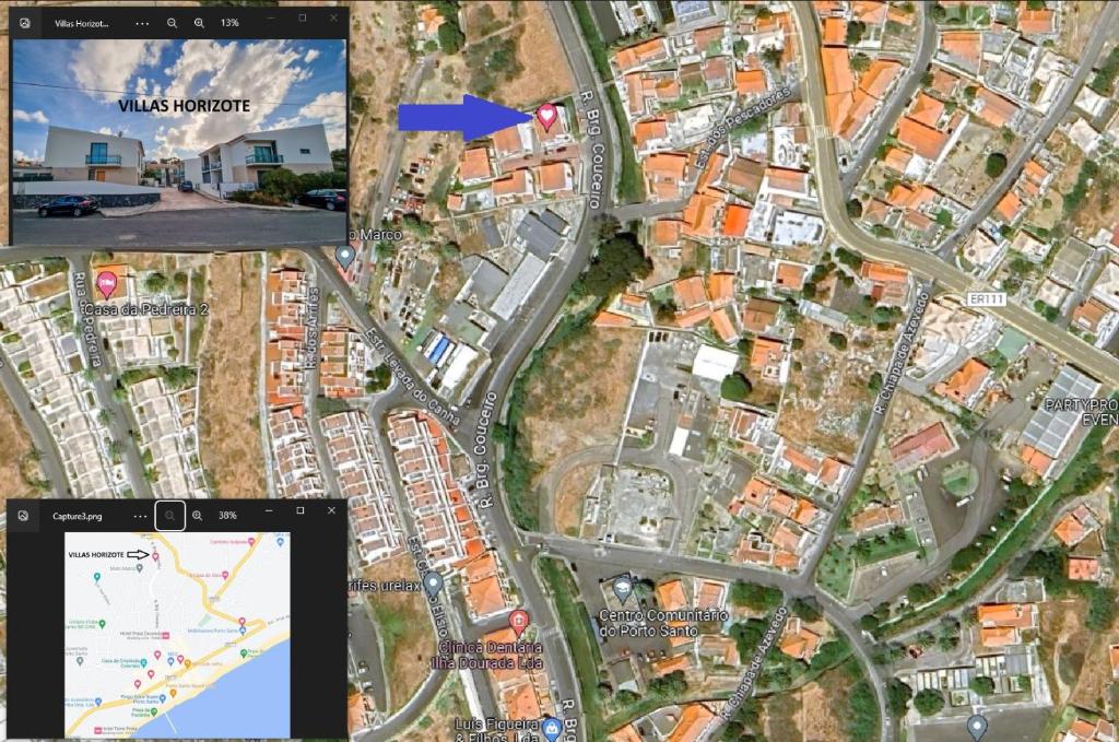 um mapa de uma cidade com uma captura de tela de celular em Villas Horizonte Capazi em Porto Santo