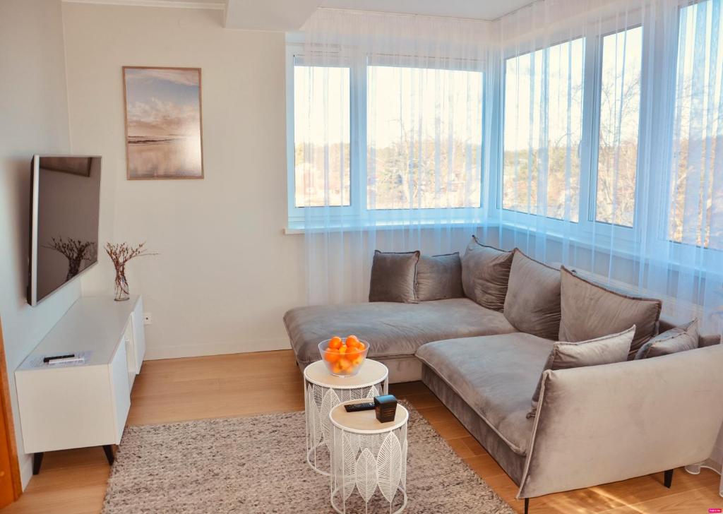 a living room with a couch and a table at Panoramic Apt in the City center in Palanga