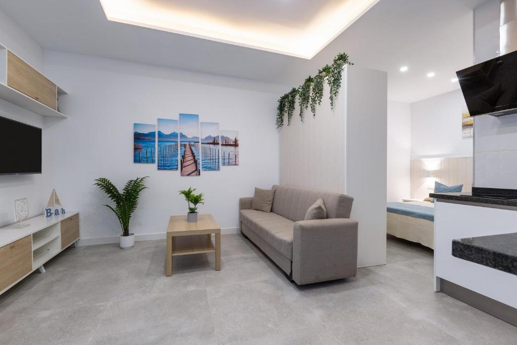 uma sala de estar com um sofá e uma televisão em Victoria's Apartamentos em Málaga