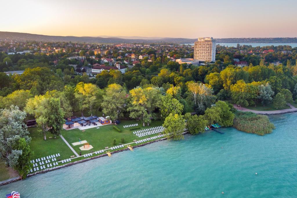 an aerial view of an island in the river at Hunguest Hotel Bál Resort in Balatonalmádi