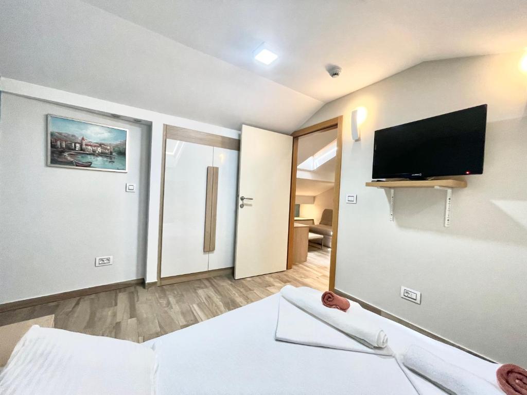 Televiisor ja/või meelelahutuskeskus majutusasutuses Hotel Butua Residence