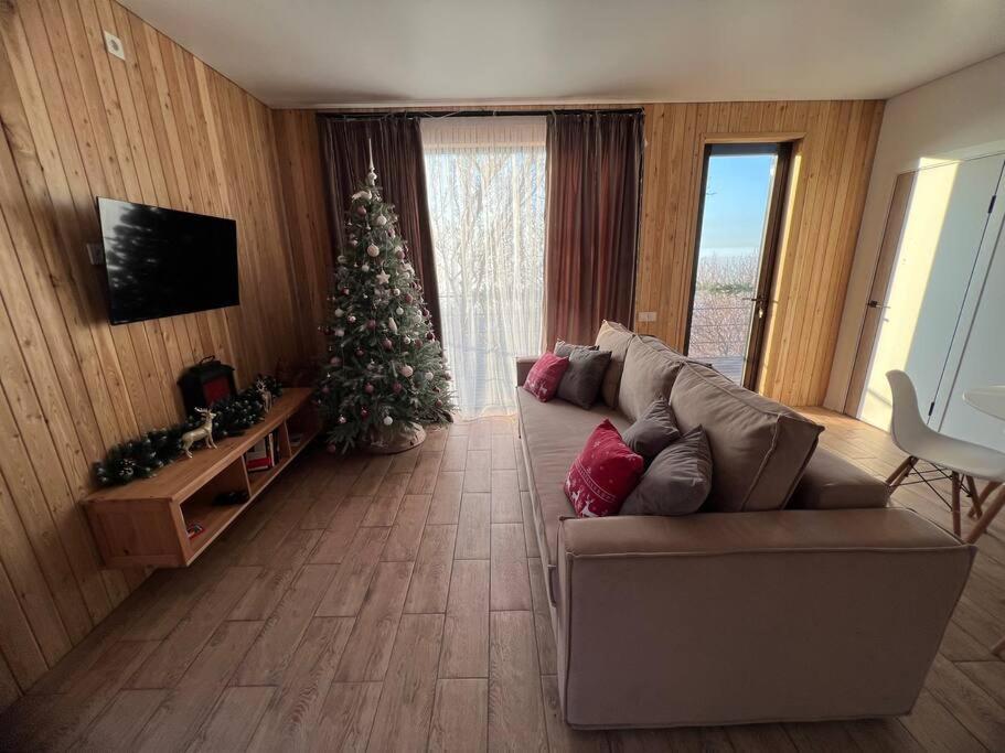 a living room with a christmas tree and a couch at Alma house - White in Almaty