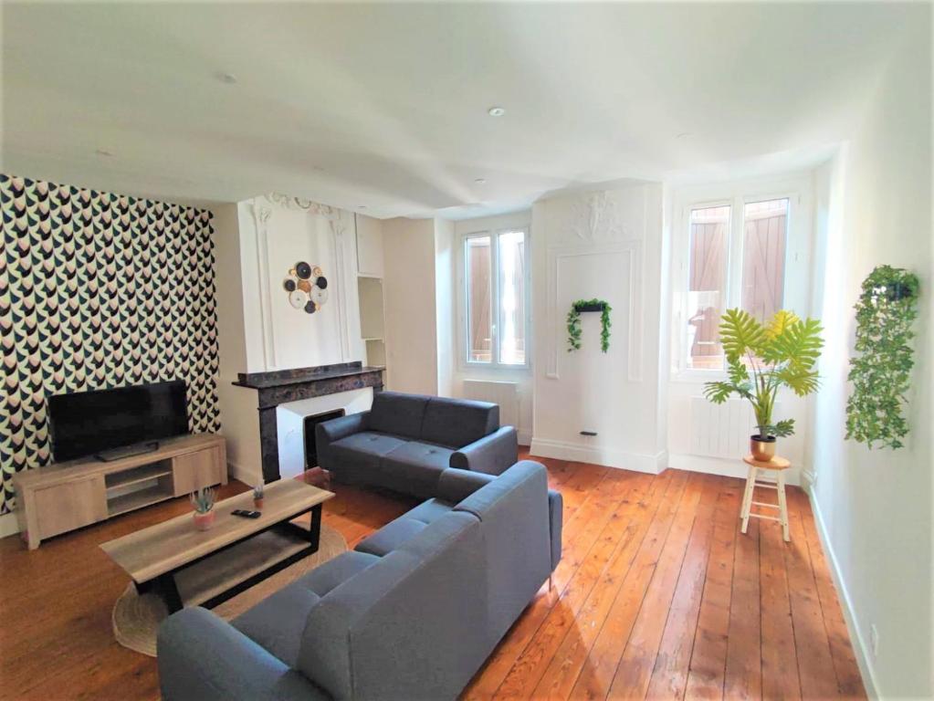 塔布Appartements - Halles Brauhauban Tarbes的带沙发和壁炉的客厅