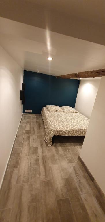 a bedroom with a bed and a blue wall at Studio en plein cœur de la ville in Mazan