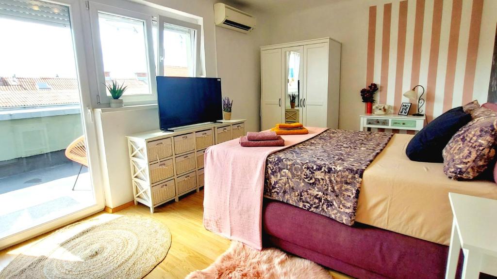 a bedroom with a large bed and a television at Apartment Amarone, 4th floor, no elevator in Zagreb