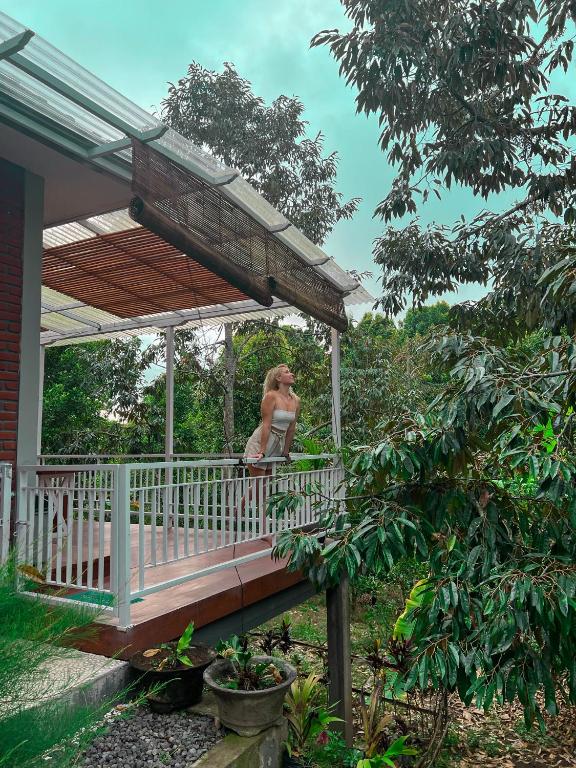 a statue of a monkey sitting on the porch of a house at Kubu Kawi in Munduk