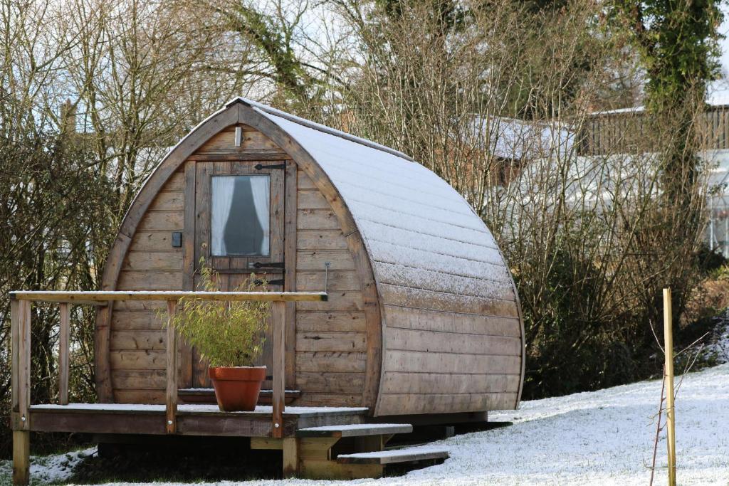 Corscombe的住宿－Knapp Farm Glamping Puki Pod，一个小木炉屋,设有窗户